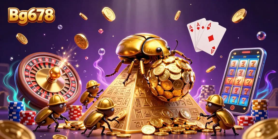 Spin to win at Bg678 with golden beetles rolling coins amidst sparkling casino fun!