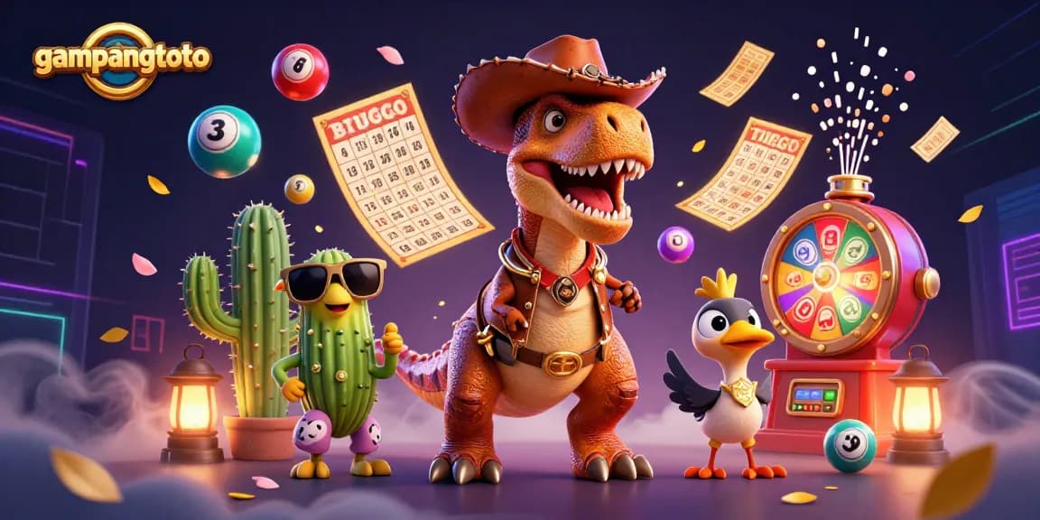 Play with Gampangtoto's vibrant lottery-themed scene featuring engaging characters and dynamic elements.