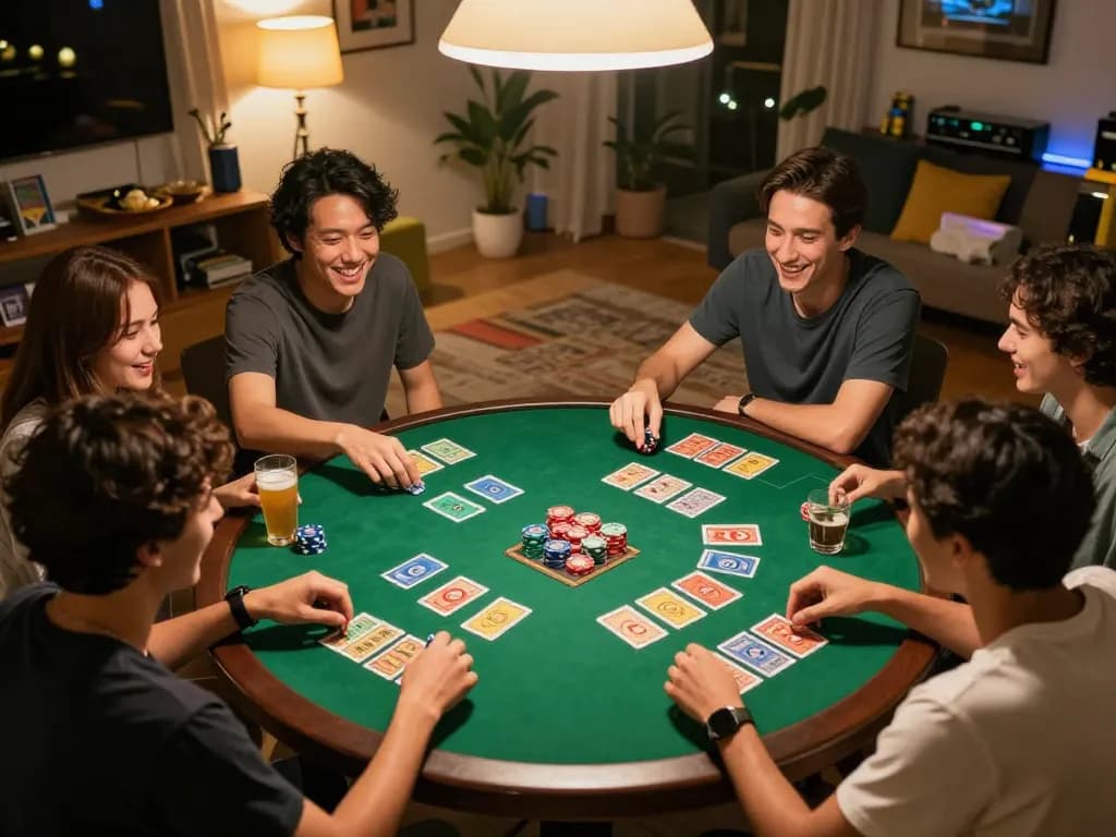 Friends playing Xóc Đĩa game with chips and cards in a lively home setting