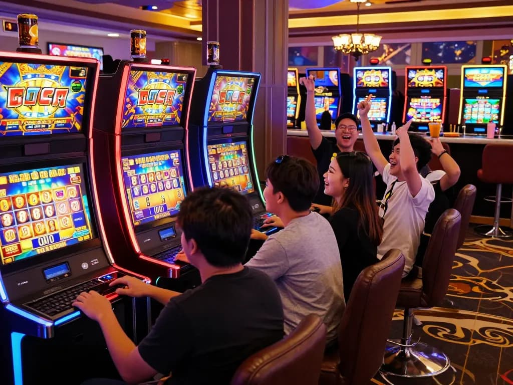 Vibrant players enjoying engaging slot gacor games in an exciting casino environment with colorful machines and celebratory moments.
