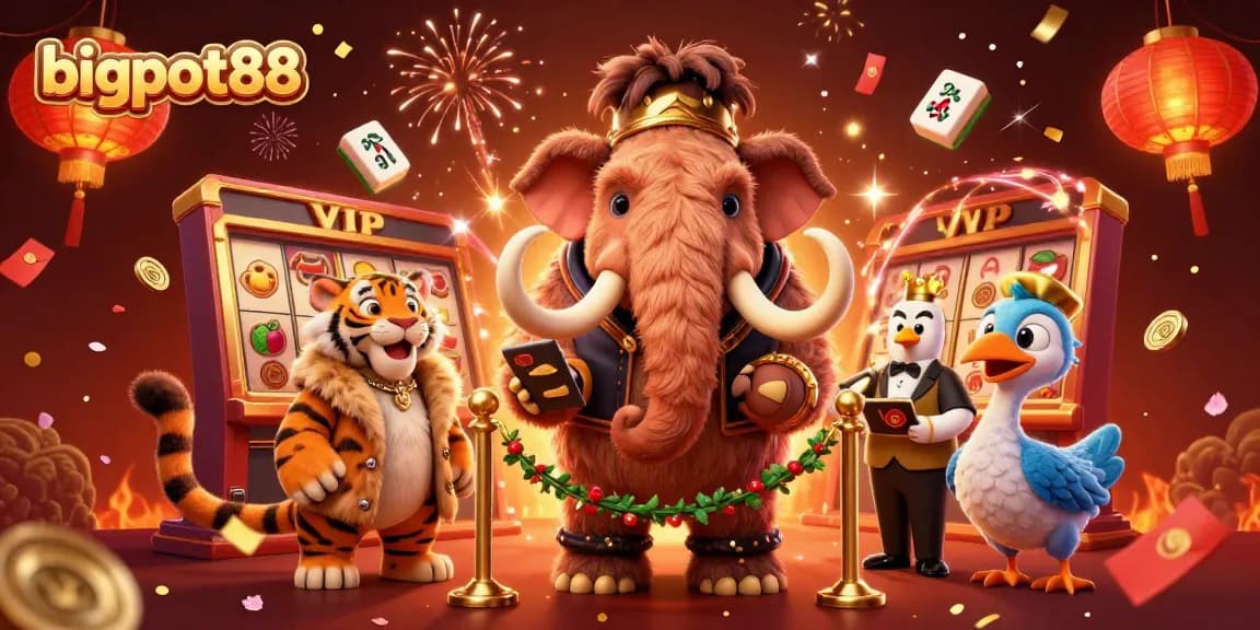 Experience the excitement of bigpot88 with a vibrant casino-themed illustration featuring unique characters.