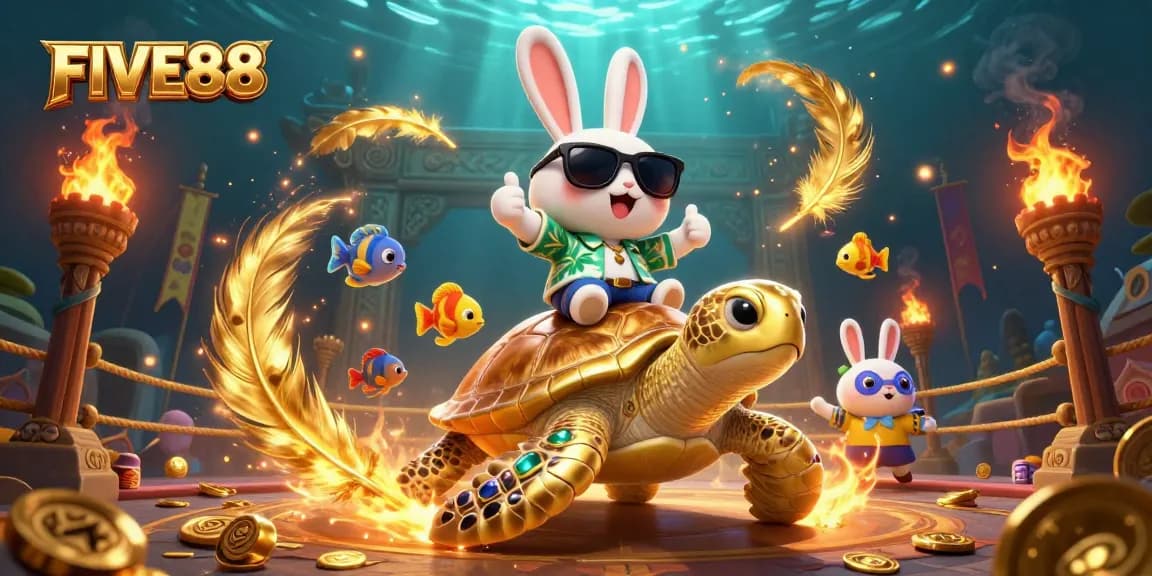 Experience the thrill of gambling with FIVE88 in a vibrant underwater scene featuring a lucky rabbit and golden sea turtle.