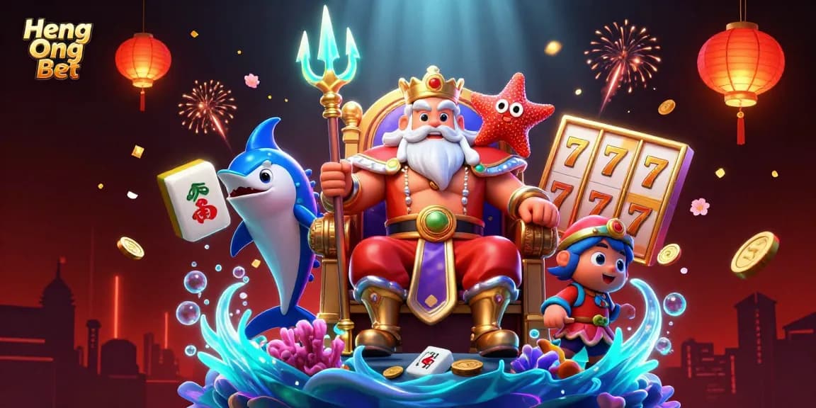 Engage in thrilling gameplay with Heng Ong Bet's vibrant 3D casino scene featuring slot reels and lively characters.