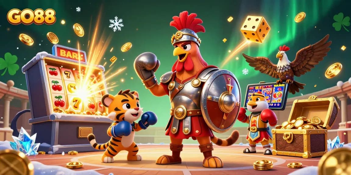 Experience thrilling gaming at GO88 with a vibrant scene featuring a rooster warrior, exciting jackpots, and dynamic casino elements.