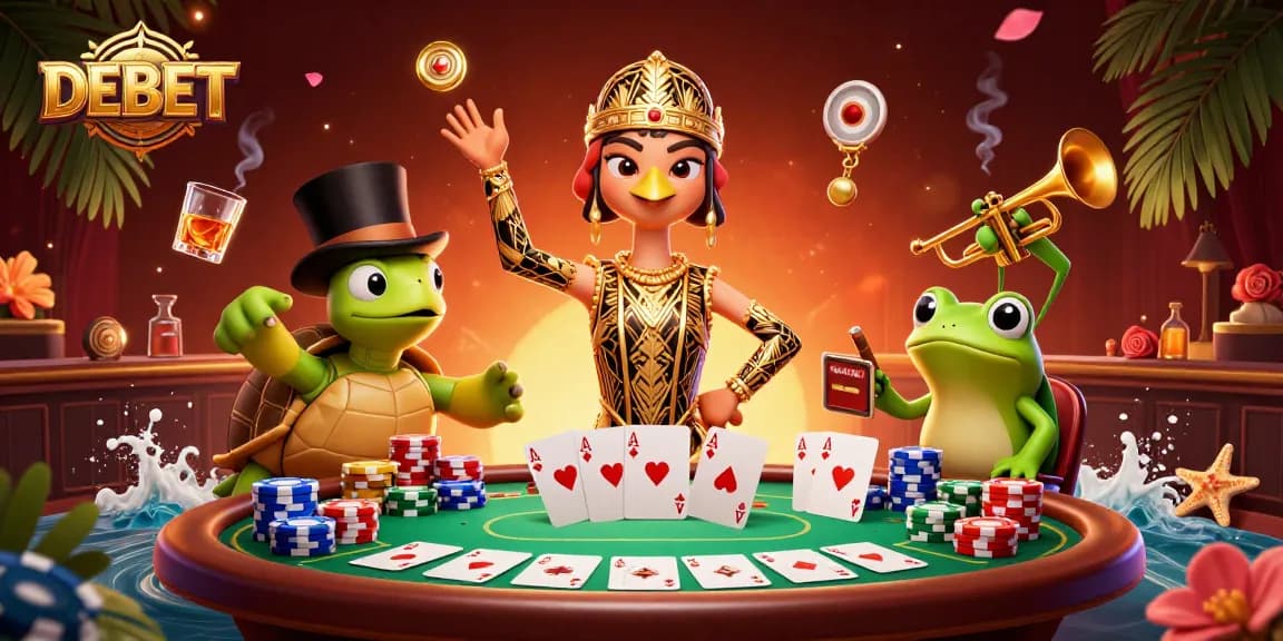Play poker with the DEBET characters at a vibrant casino speakeasy setting.