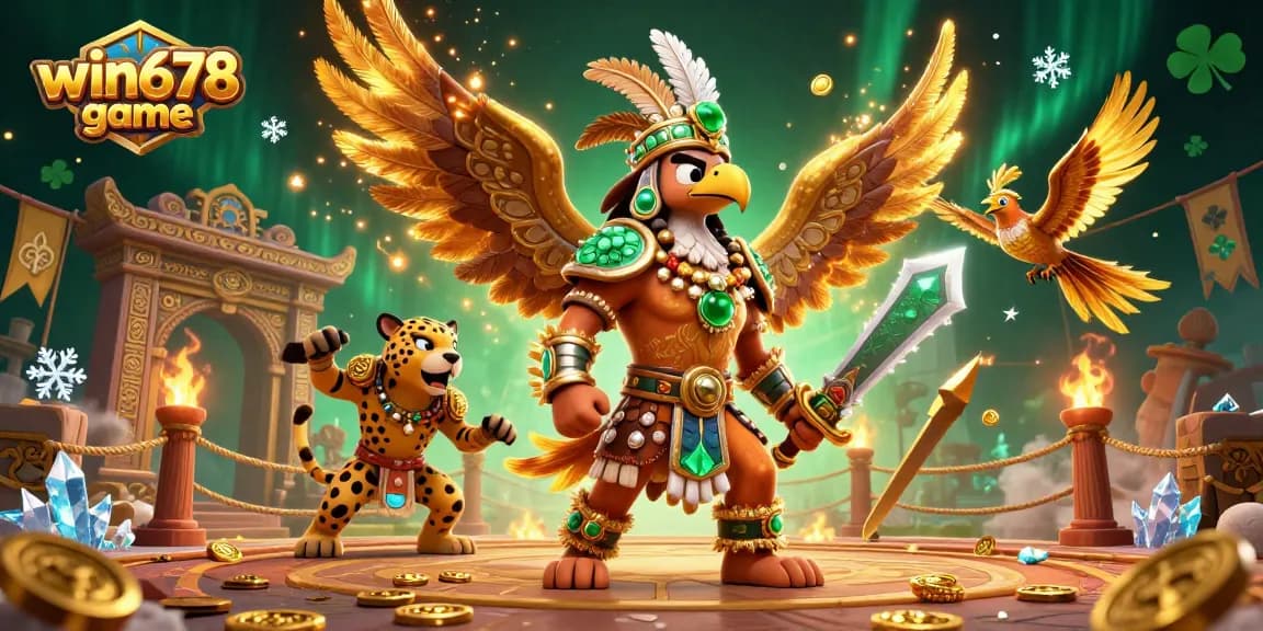 Experience the thrilling win678 game with dynamic Aztec warriors amid a vibrant casino scene.
