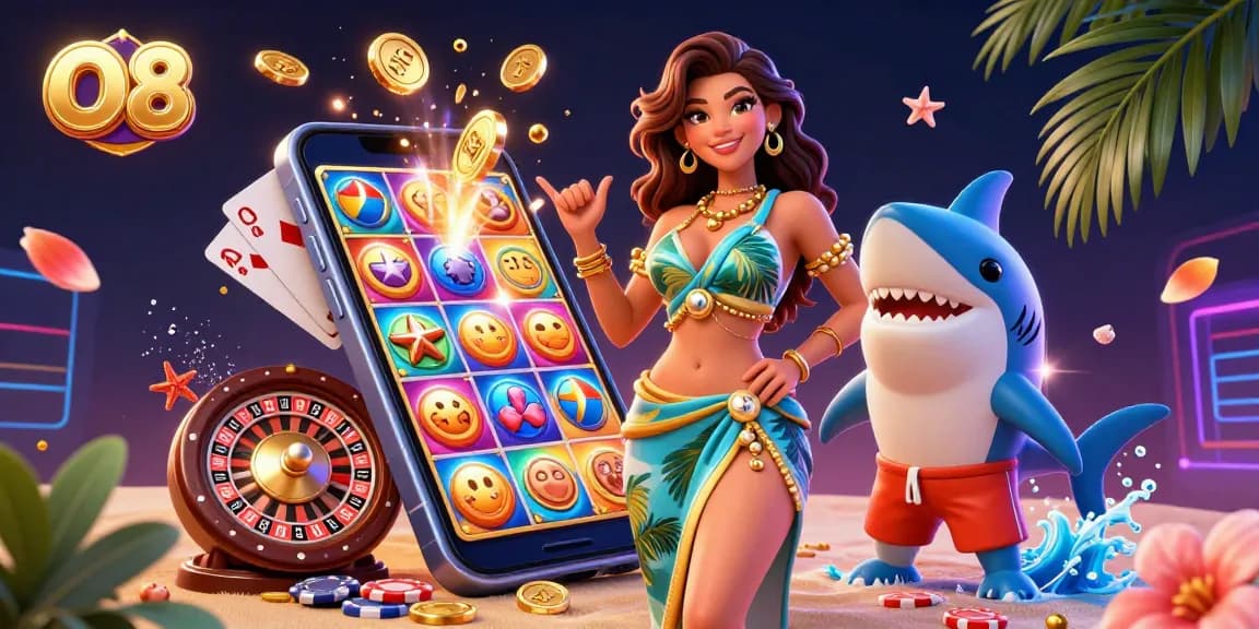 Win big with O8 in this vibrant 3D casino illustration showcasing slot games and golden treasures.
