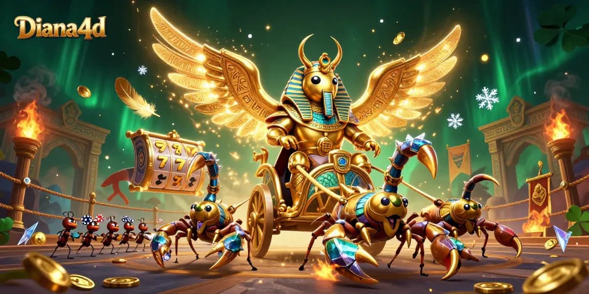 Experience thrilling gameplay at Diana4d with a captivating 3D illustration of a golden scarab and scorpions!