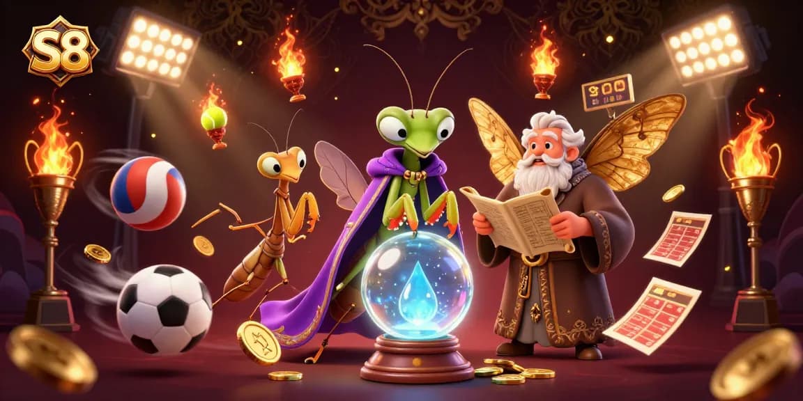 S8 casino fortune teller and librarian analyzing betting strategies amidst dynamic sports elements.