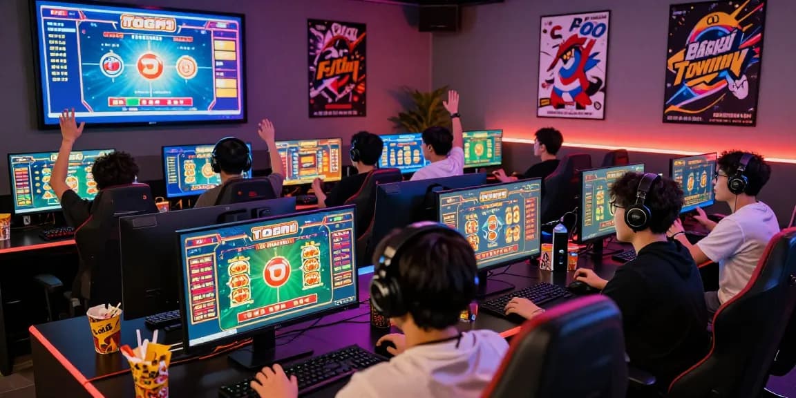 Exciting gaming environment with diverse players engaging in situs togel lottery games, showcasing modern setups and lively atmosphere.