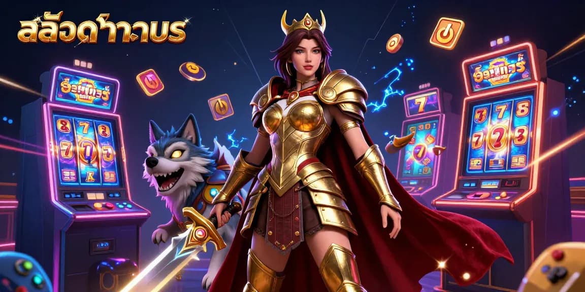 Try สล็อตทดลอง with vibrant digital gaming elements and a powerful warrior queen in this 3D illustration.