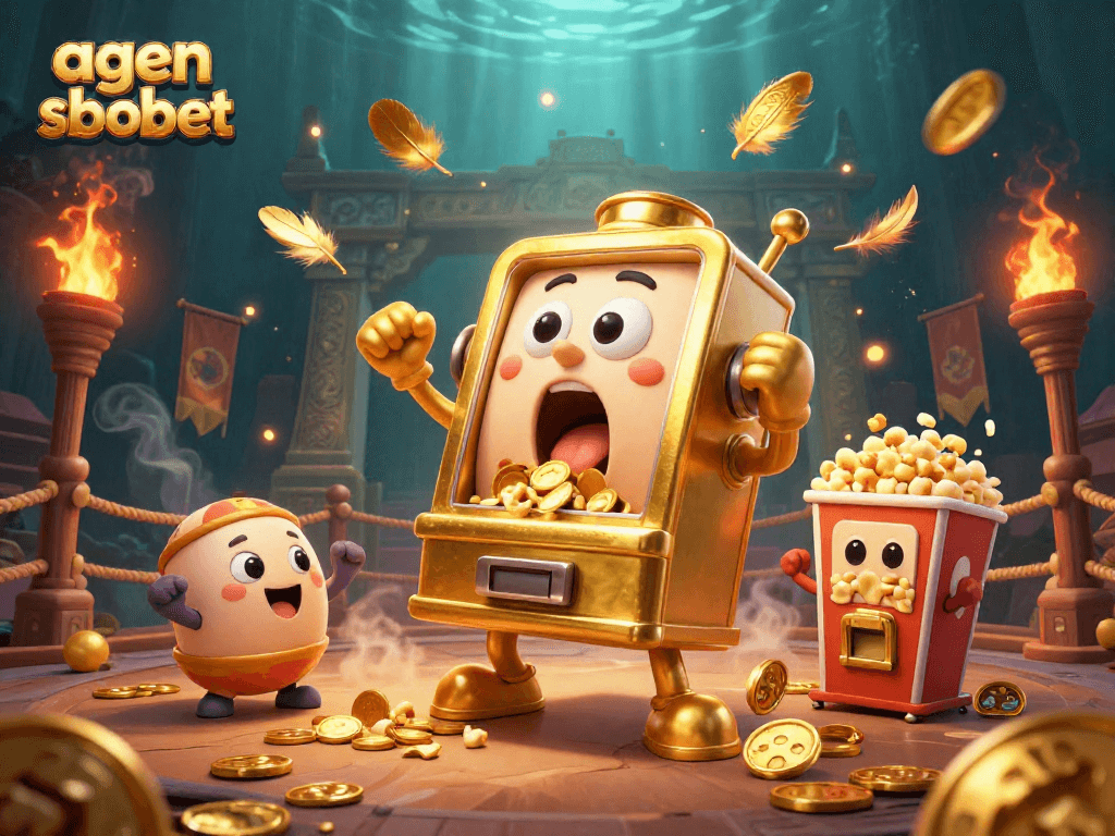 Engage with agen sbobet in a dynamic 3D scene featuring joyful slot machines and explosive wins.