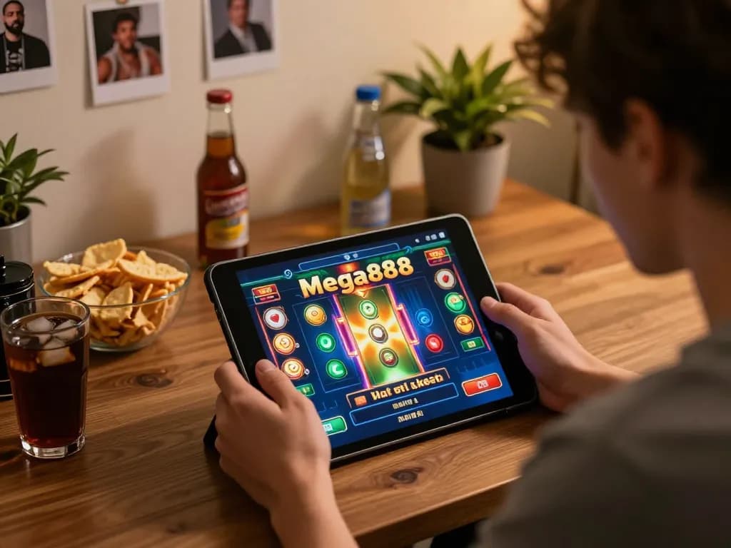 Experience free credit mega888 online gaming with a cozy home setup, featuring a user engaged in dynamic slot gameplay.