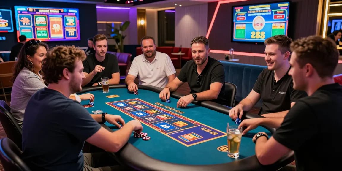 Excited players enjoying the best online casinos atmosphere with digital games and vibrant decor.
