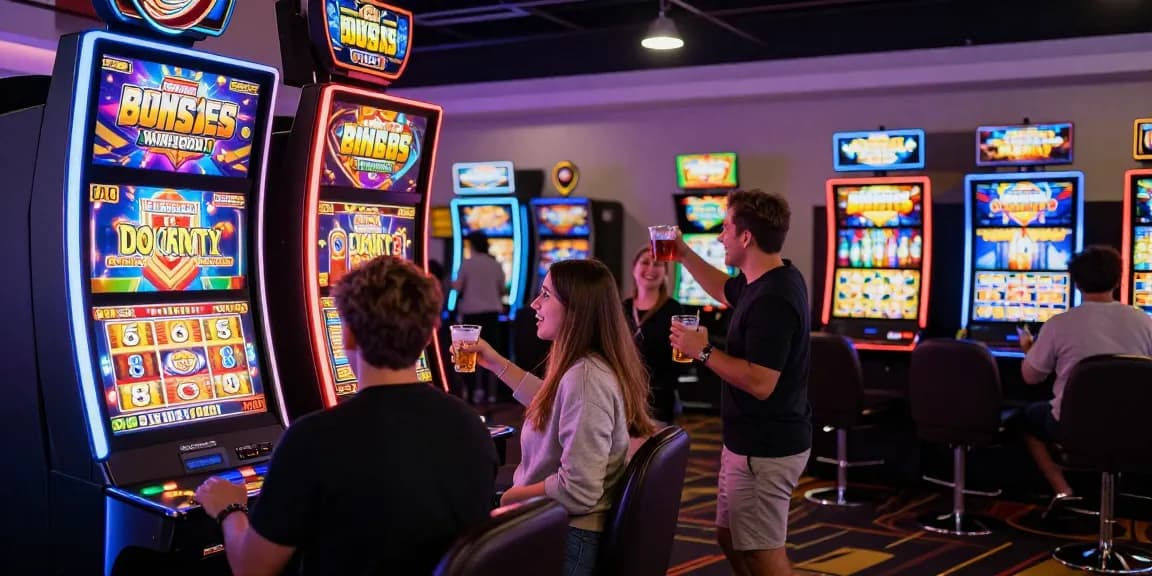Players enjoying bonus buy slots at a vibrant casino, celebrating wins amidst colorful slot machines.