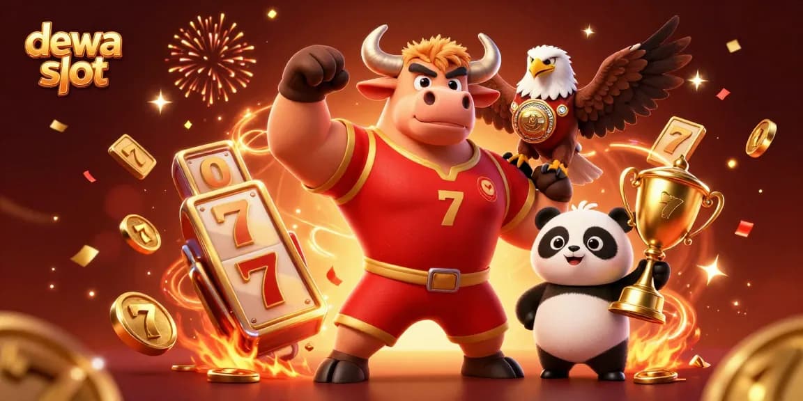 Engage with dewa slot gameplay, featuring a victorious bull mascot and lively casino elements.