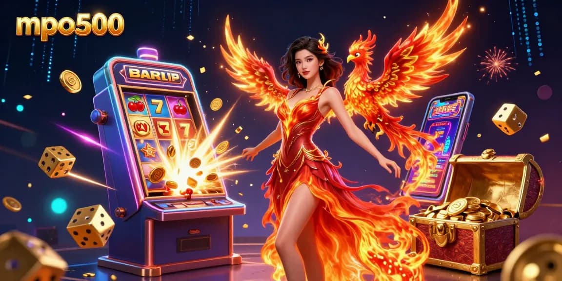 Experience the thrill of mpo500 with a stunning Asian woman in a fiery gown alongside magical elements in a vibrant casino scene.