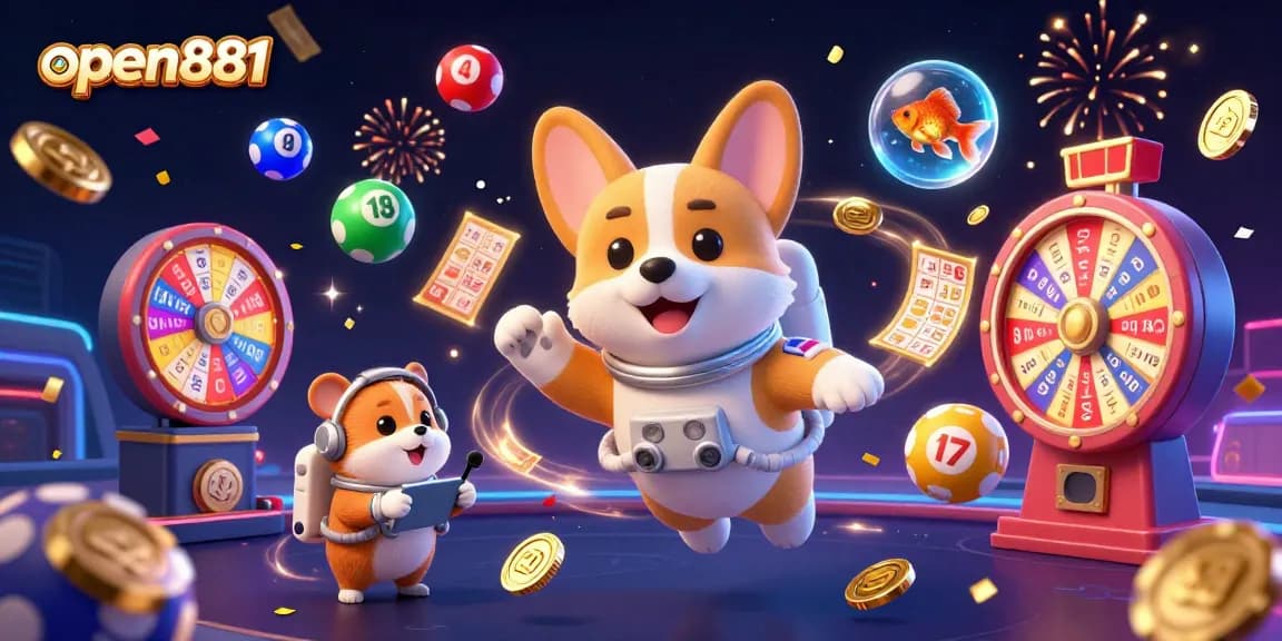 Experience exciting games at open881 with vibrant casino elements and joyful characters in a dynamic 3D scene.