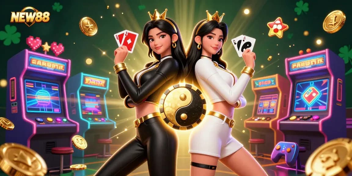Join the excitement at NEW88 with stunning twin Asian women showcasing their cards in an immersive casino scene.