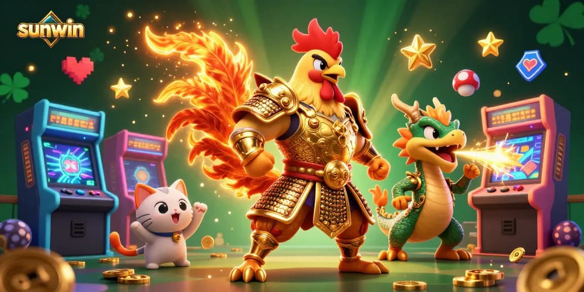 Engage in thrilling gameplay with sunwin, featuring a vibrant rooster warrior and dragon in a lively casino scene.