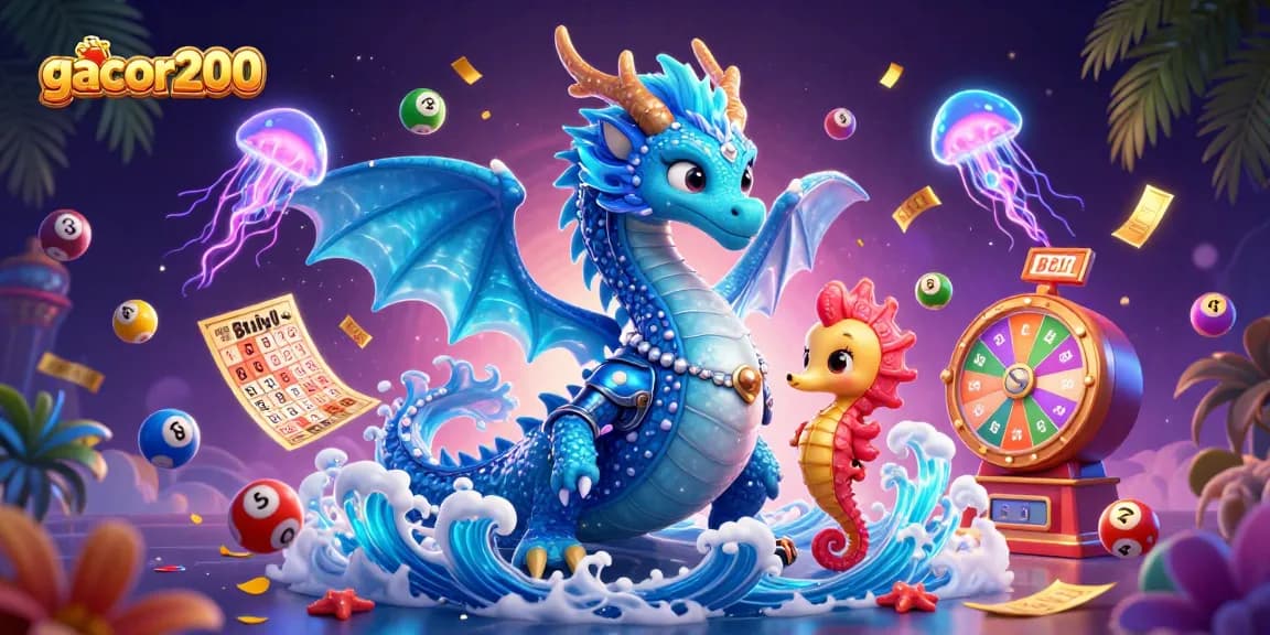 Engage with gacor200's vibrant lottery ambiance featuring a dragon, jellyfish, and gaming elements.