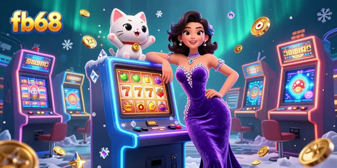Experience thrilling jackpots at fb68 with a glamorous lady by a slot machine amidst sparkling coins.
