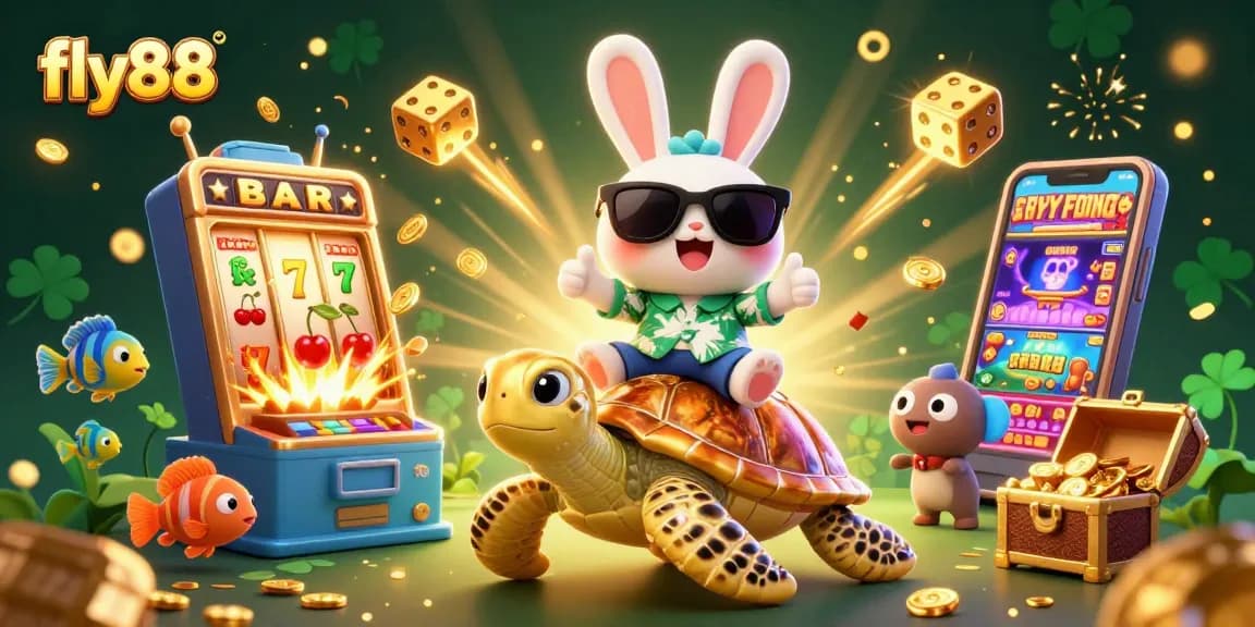 Play at fly88 with this colorful casino scene featuring a lucky rabbit and golden turtle.