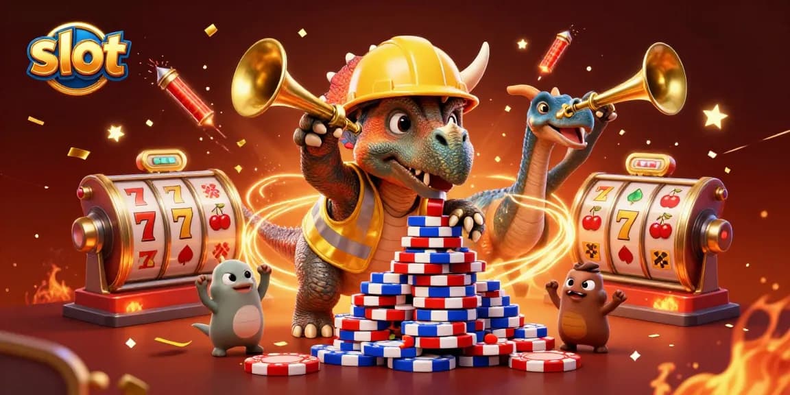 Menangkan slot dengan tantangan unik dari triceratops dan perayaan dengan konfeti merah dan emas.