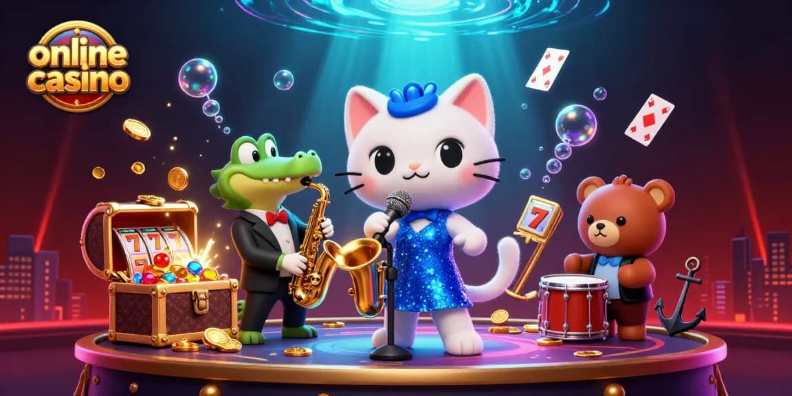 Engage with a lively online casino scene featuring a jazz-singer cat, sax-playing crocodile, and drum-playing bear.