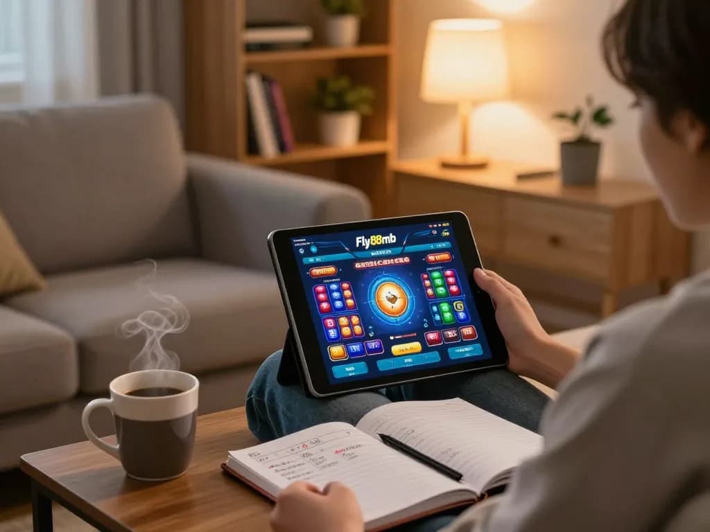 Person engaging in online gaming with the fly88mb app on a tablet in a cozy home setting.