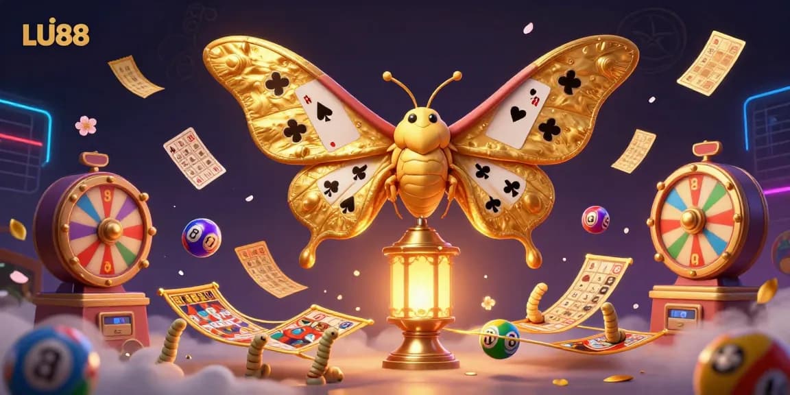 Experience the excitement of LU88 with a vibrant 3D illustration showcasing dynamic casino elements and a captivating moth.