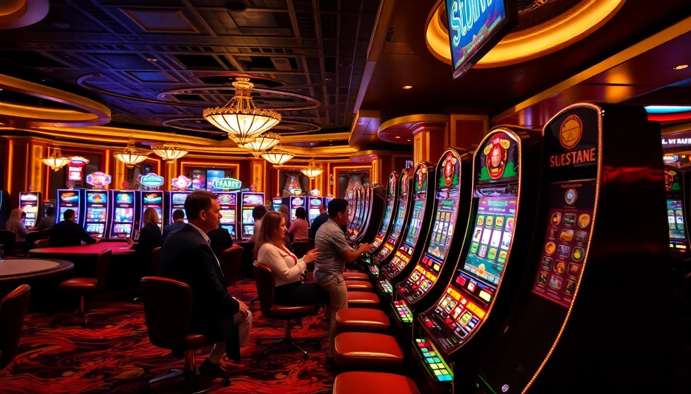 Engaged players celebrating wins at slot gacor hari ini in a vibrant casino atmosphere.