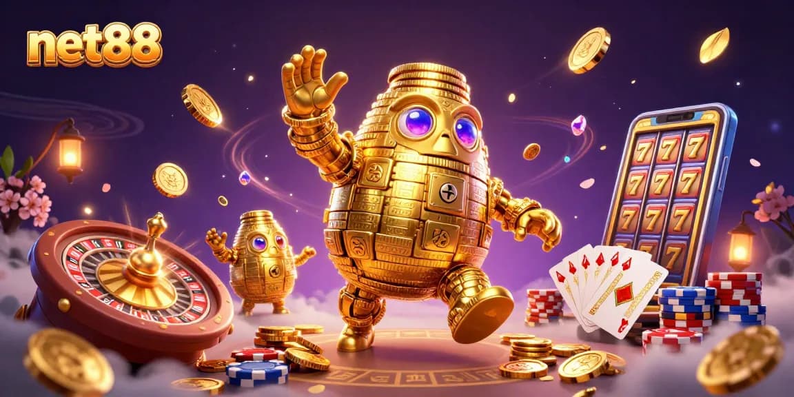 Experience thrilling gameplay with net88's vibrant casino scene featuring a golden golem and dynamic game elements.