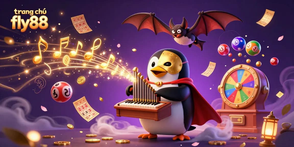 Engage with the thrilling world of trang chủ fly88, featuring a dynamic casino illustration of a playful penguin and exciting game elements.