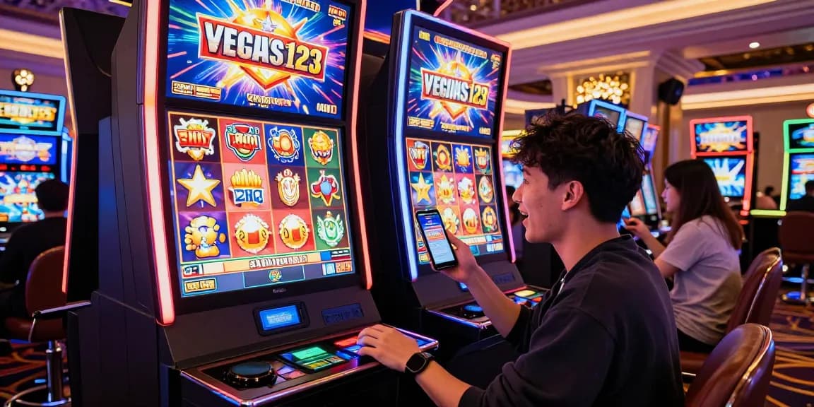 Pemain merayakan kemenangan di mesin slot vegas123 yang penuh warna dan ceria.