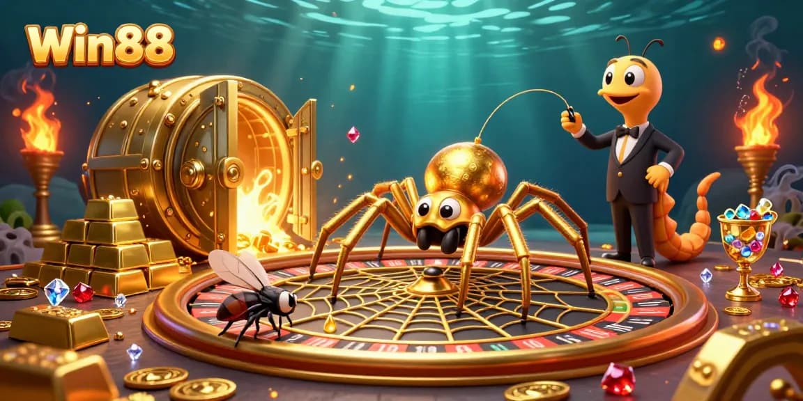 Engage with Win88's vibrant roulette-themed scene featuring a spider and croupier in action.