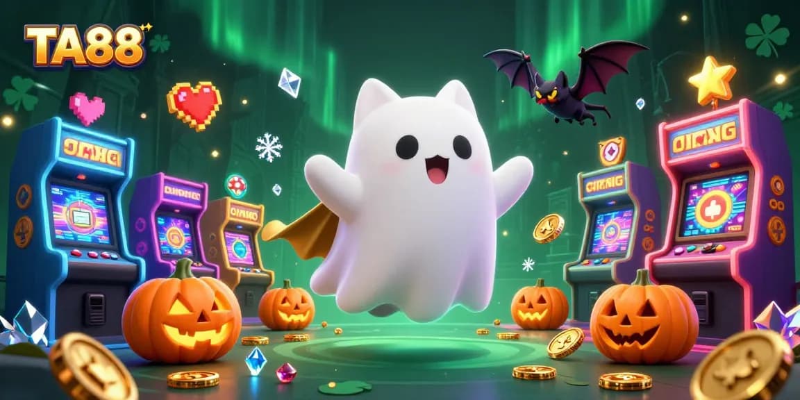 Experience TA88 with a friendly ghost cat navigating a haunted casino mansion filled with slot machines and colorful game elements.