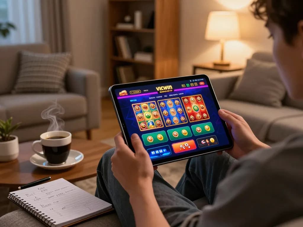 Player enjoying vicwin online gaming on a tablet, cozy living room ambiance with strategy notes.
