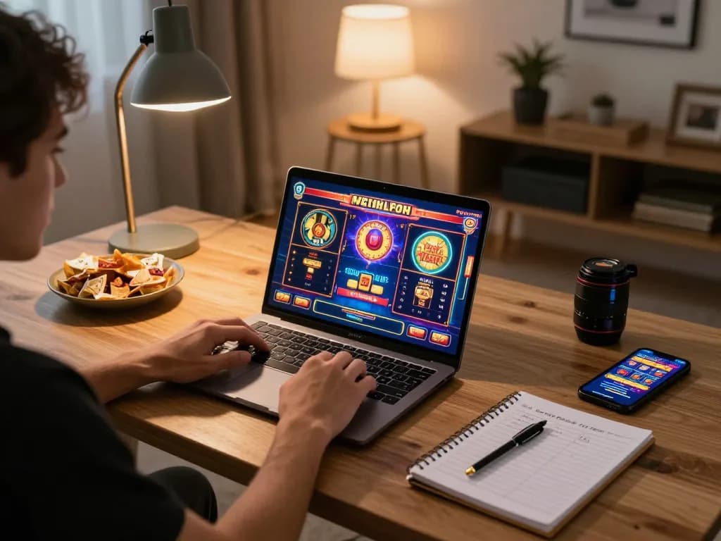 Player enjoying online slot games at home on Jun88 platform with snacks and strategies.