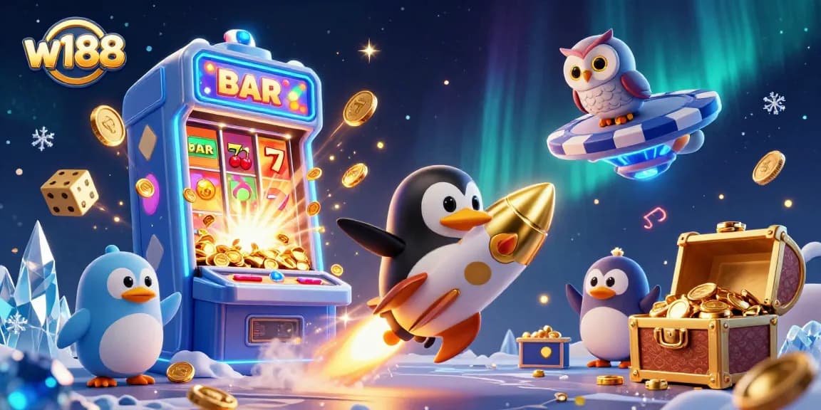 Experience thrilling gaming adventures with W188 as the golden penguin navigates a vibrant casino universe.