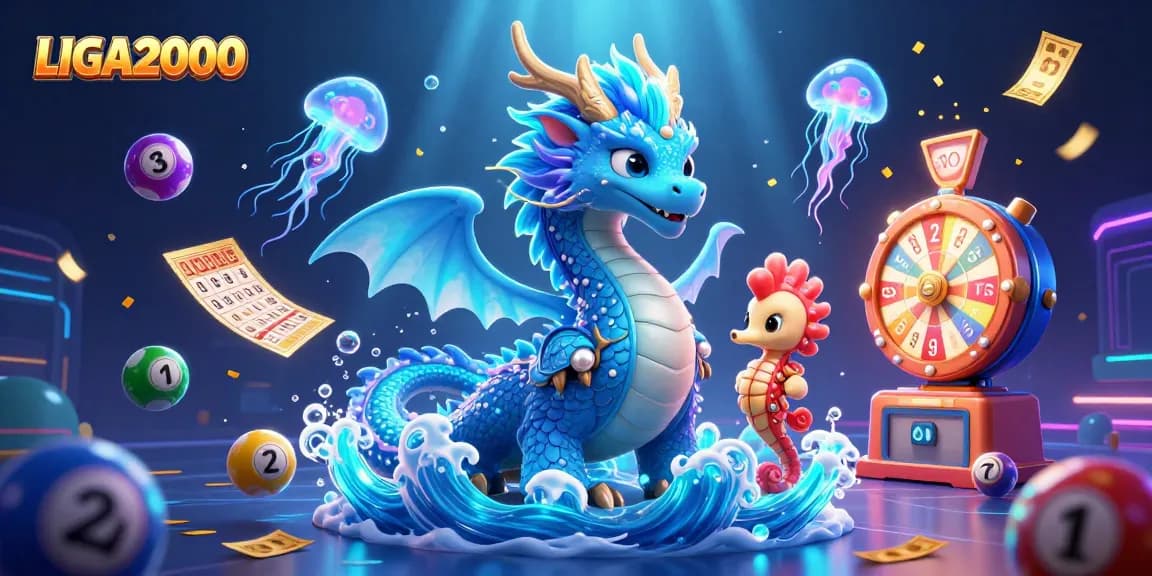LIGA2000 menampilkan ilustrasi kasino bertema laut yang energik dengan elemen lotere yang cerah.