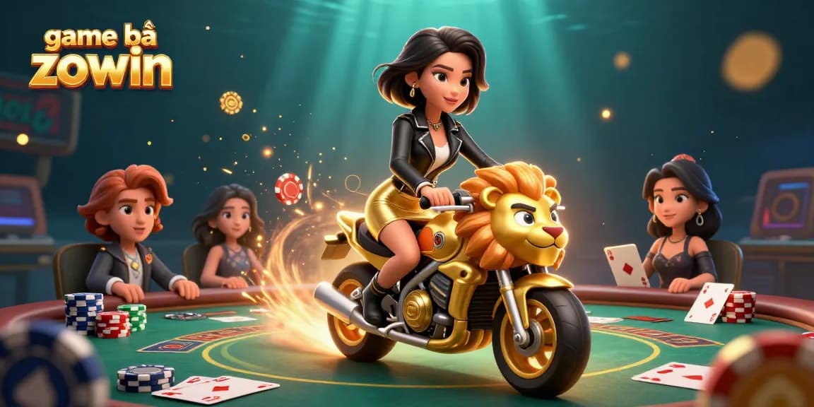 Win at game bài zowin with this captivating illustration of an Asian woman on a golden lion mascot, surrounded by poker elements.