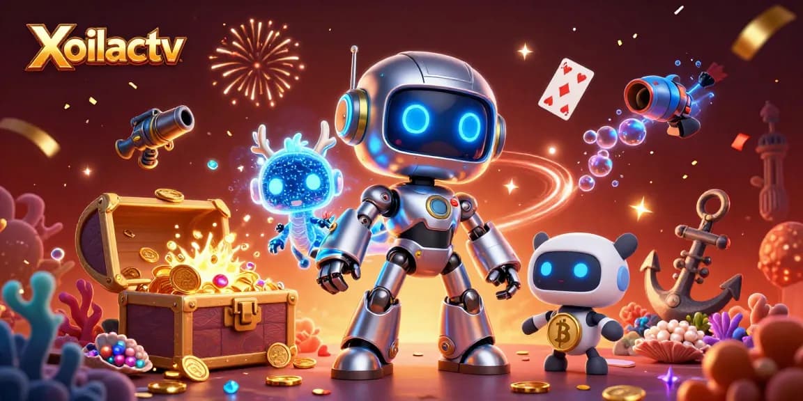 Xoilactv showcases a cyberpunk robot and AI dragon in a vibrant casino scene, surrounded by gold treasures.
