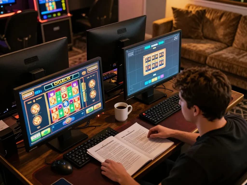 LIGA2000 player strategizing with multiple screens for online gambling success.