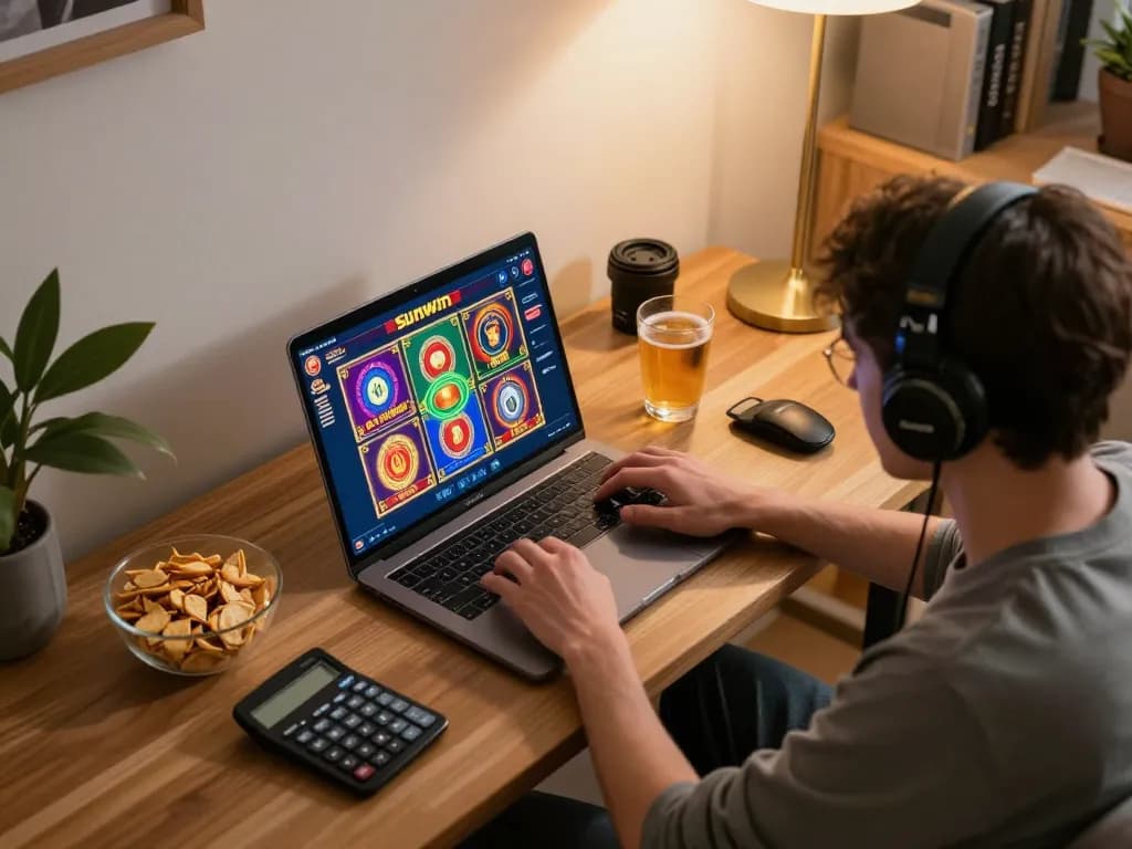 Experience sunwin online gaming with a player engaged at a laptop, showcasing strategic gameplay and comfortable setting.