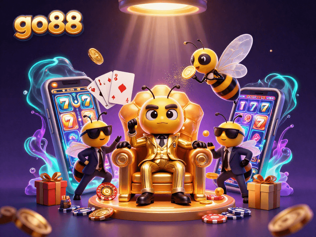 Spin the reels and win big with go88 featuring a bumblebee mob boss and vibrant casino elements.