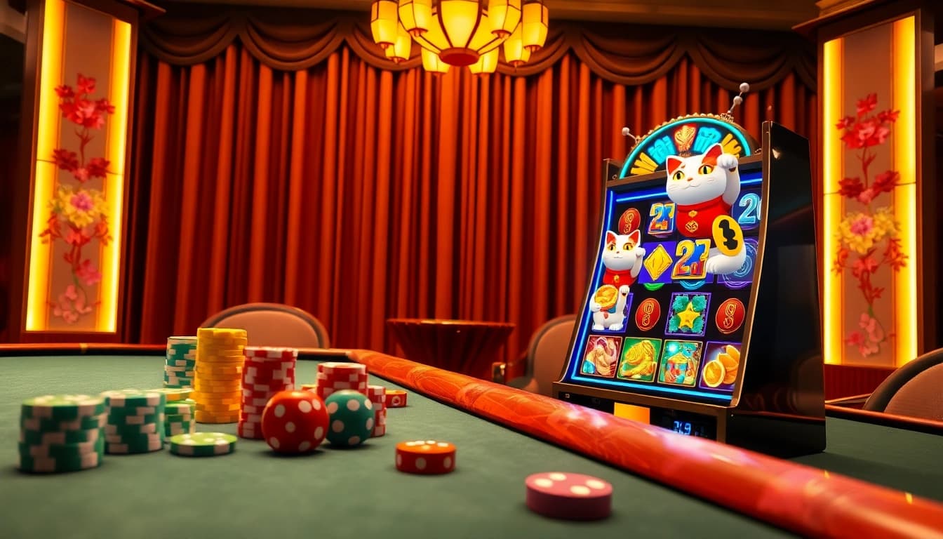 Experience the thrill of Lucky Neko PG Soft ไม่กระตุก at a vibrant casino featuring a luxury slot machine and poker chips.