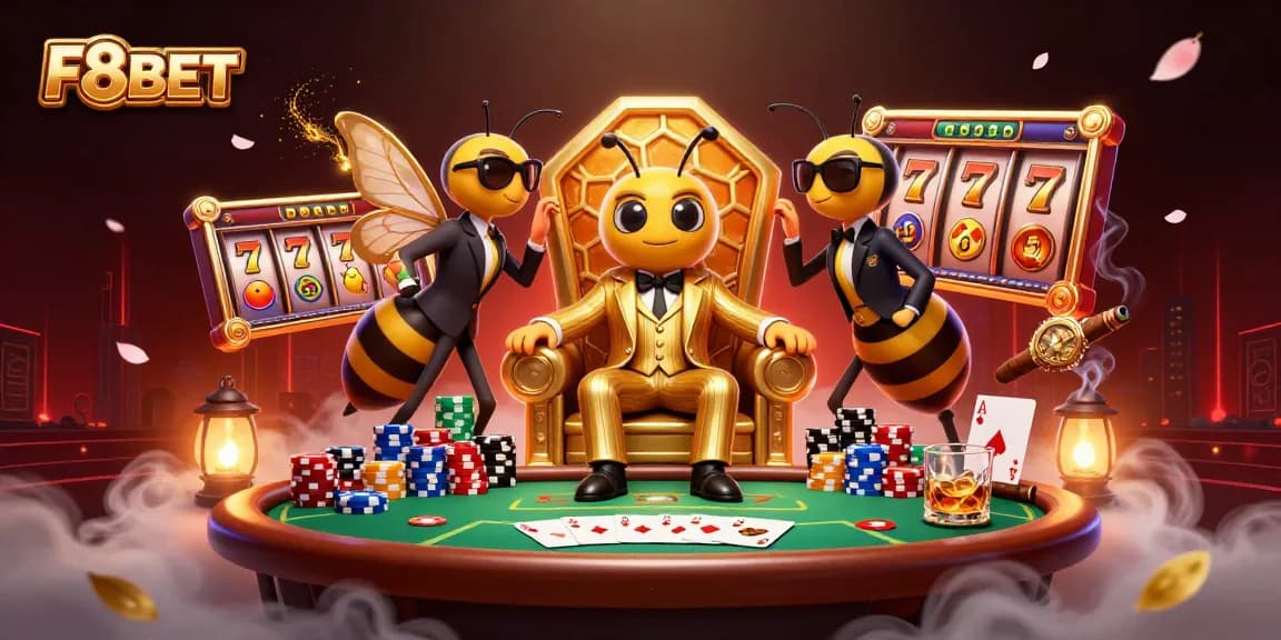 Win big with F8BET as a cartoon bumblebee mob boss presides over a dazzling poker scene.