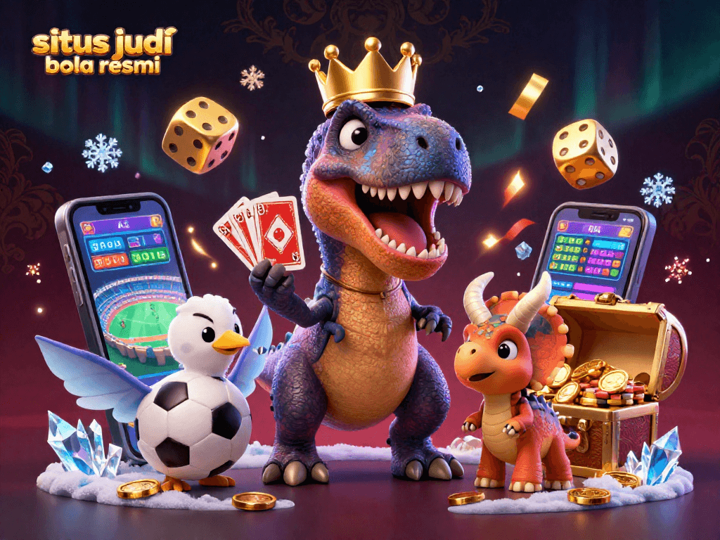 Engage with situs judi bola resmi as a 3D friendly T-Rex shuffles cards while a pterodactyl assists, embodying a joyful sports betting environment.