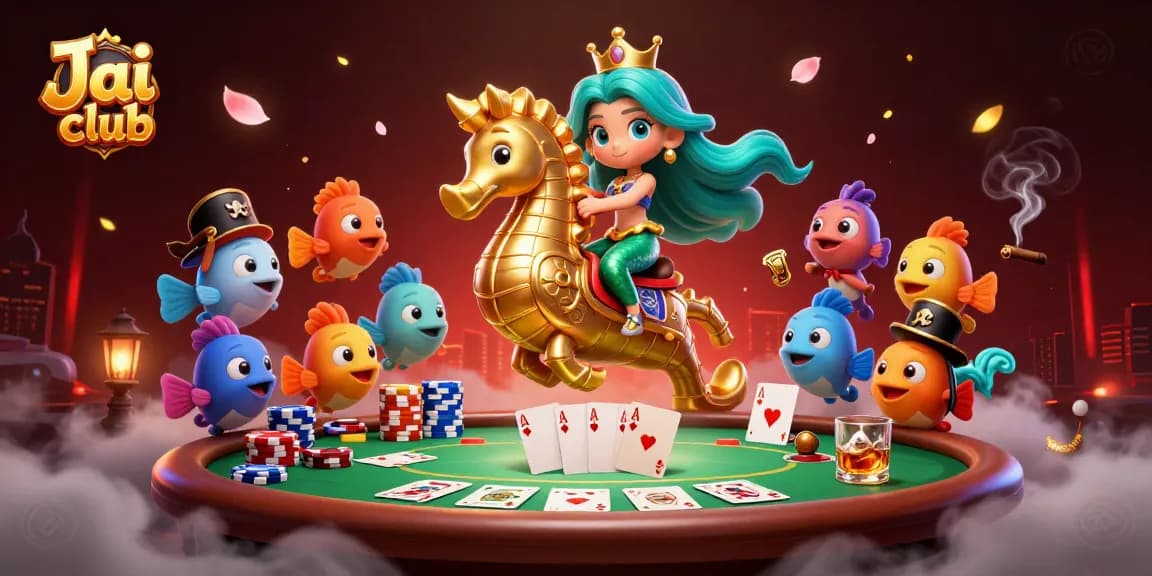 Place bets and win big at Jai club with a colorful casino scene featuring a mermaid and poker elements.